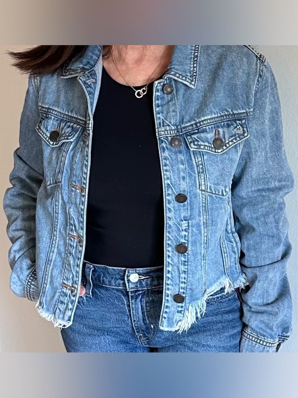 Cropped Denim Jacket Y2K Grunge Raw Hem Fitted Blue Small Hidden Jeans - Picture 2 of 8